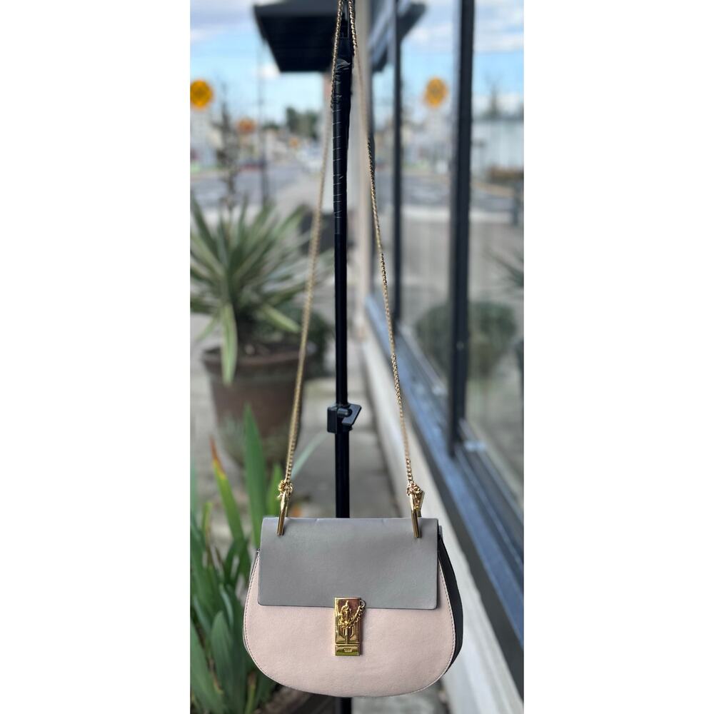 CHLOE Pink & Grey Drew Lambskin Leather Flap Gold Chain Crossbody Shoulder Bag